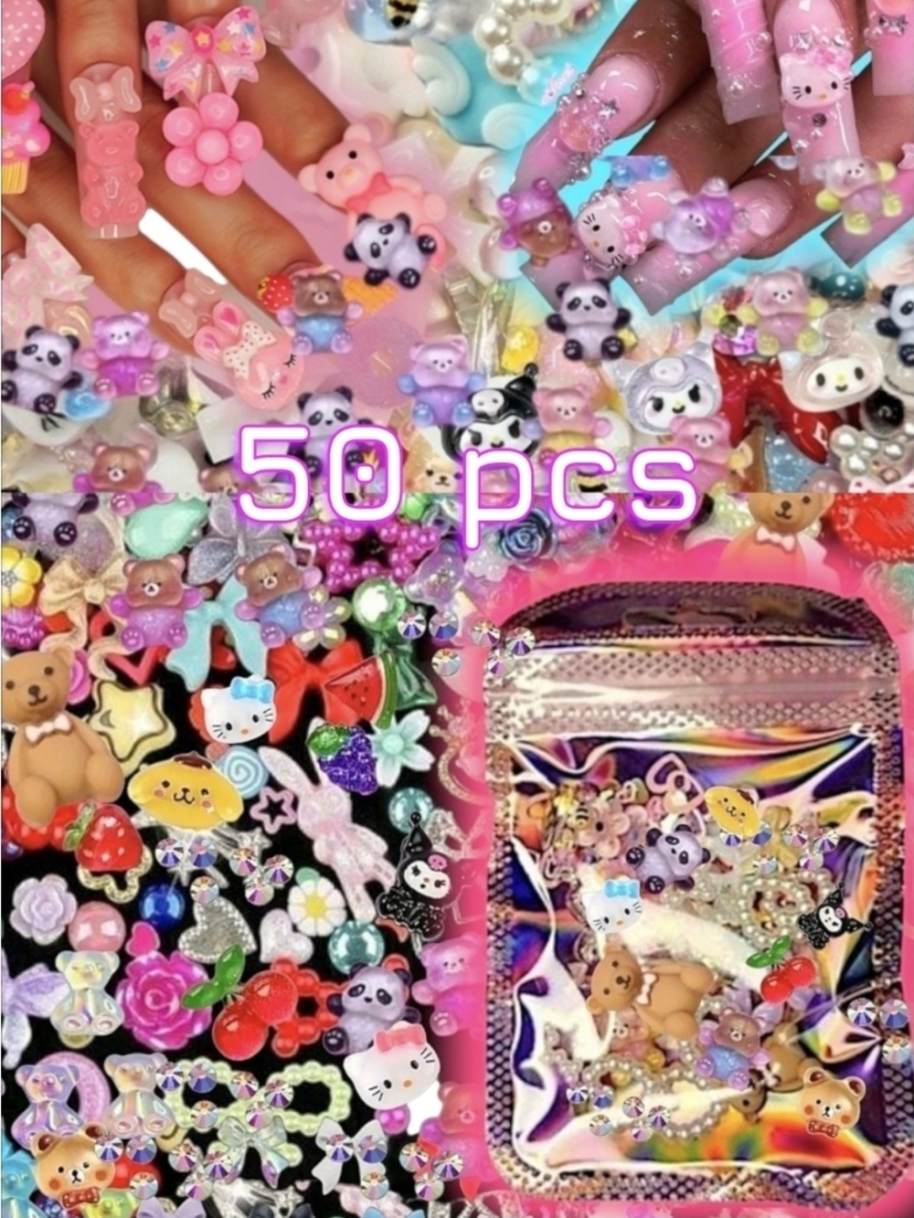 Nail Charms Kawaii 50-Piece Pack Embellishments 3D Charms Rhinestones